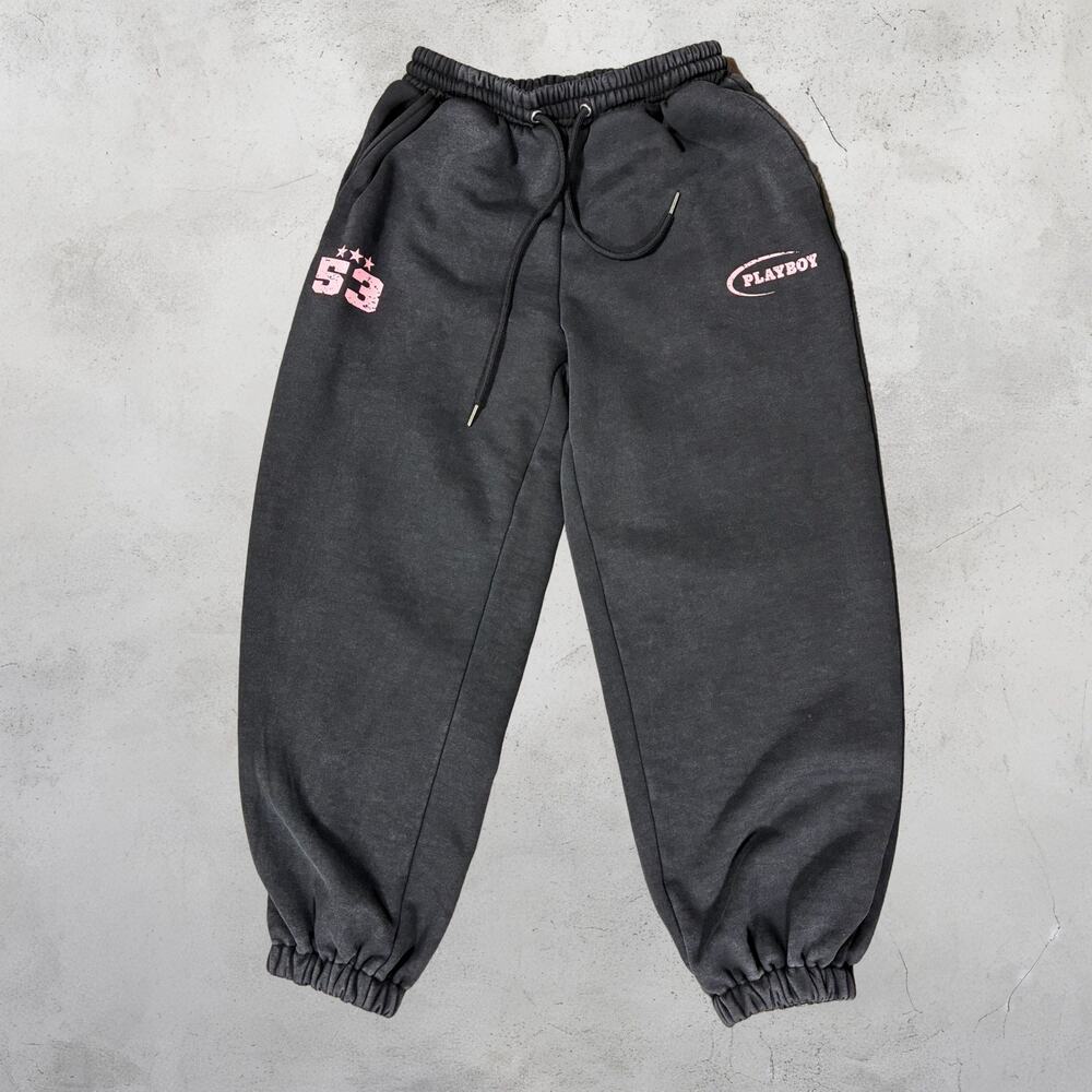 ⭐ Playboy Charcoal Gray Pink Logo Baggy Sweatpants Joggers